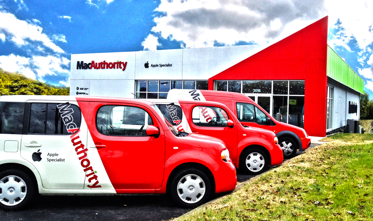 Original MacAuthority store with branded service vehicles Lindell Ave MacAuthority store in Nashville Tennessee