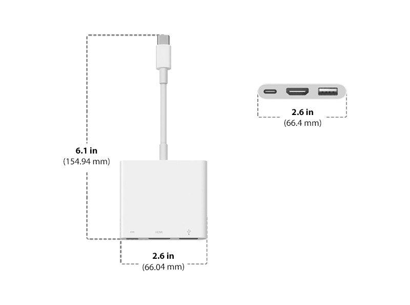 Dimensions of Apple USB-C Digital AV Multiport Adapter Diagram showing Apple USB-C Digital AV Multiport Adapter size and dimensions