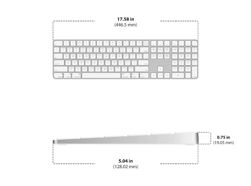 Dimensions of Apple Magic Full-size Keyboard with Touch ID Diagram showing Apple Magic Full-size Keyboard with Touch ID size and dimensions